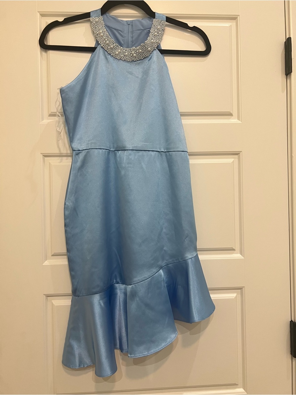 Rare Editions Light Blue Satin Beaded Halter Dress